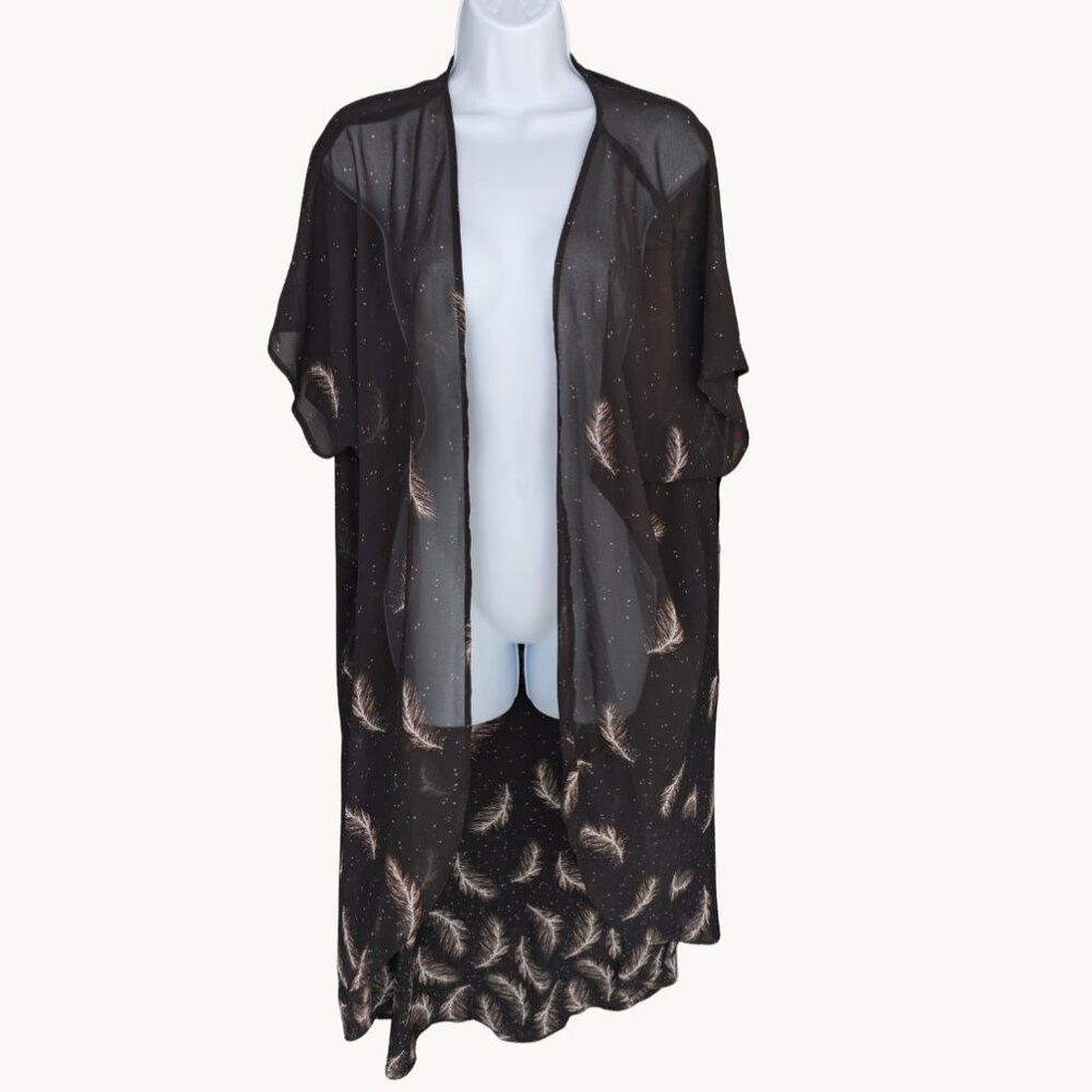 Torrid Sheer Black Gold Feather Print Kimono Duster Cardigan Plus Size 1/2